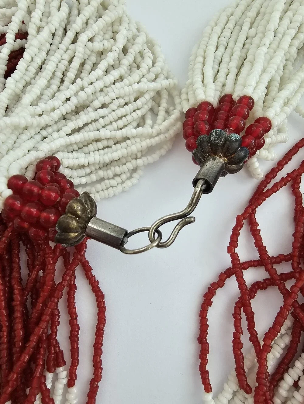 Vintage Naga Style Multi Strand Glass Seed Bead Necklace Red White Tribal